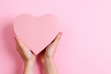 hand holds a heart love shape on a pink background with copy space
