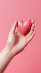 hand holds a heart love shape on a pink background