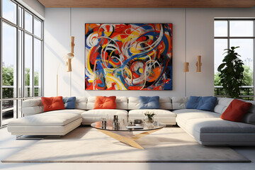 A contemporary living room with a statement-making artwork