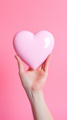 hand holds a heart love shape on a pink background
