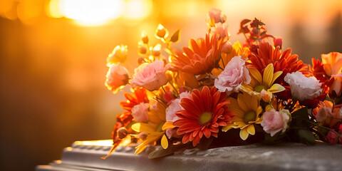 Naklejka na ściany i meble Flowers on a coffin in the funeral or burial services at cemetery, Floral bouquet display on a casket in sunset scene.