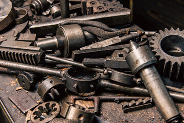 Old equipment, machines, tools in a rustic style in an abandoned mechanical factory