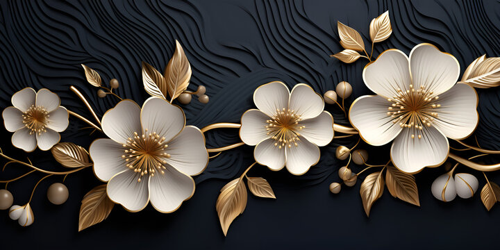 Seamless floral pattern with white flowers and golden leaves on a dark background, Gilded Garden Lustrous Golden and Silver Flowers
