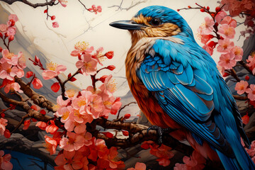 Image of blue bird sitting on branch with pink flowers.