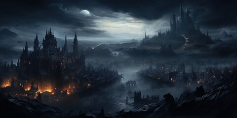 A dark gothic city with mist at night