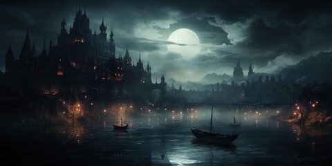 A dark gothic city with mist at night