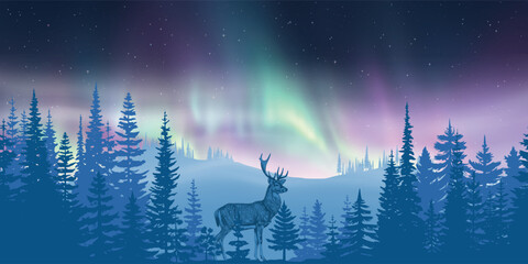 Obraz na płótnie Canvas Deer in the forest, against the aurora borealis, winter night landscape, vector illustration