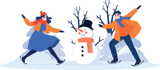 Hand Drawn couple character playing ice skating in winter in flat style