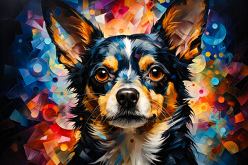 Close up of dog's face on colorful background.