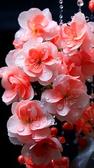 Bunch of pink flowers with water droplets on them on black background.