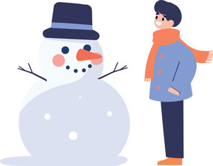 Hand Drawn Child character playing with snowman in winter in flat style