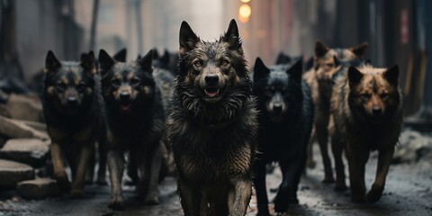 A pack of stray aggressive dogs walk down the street