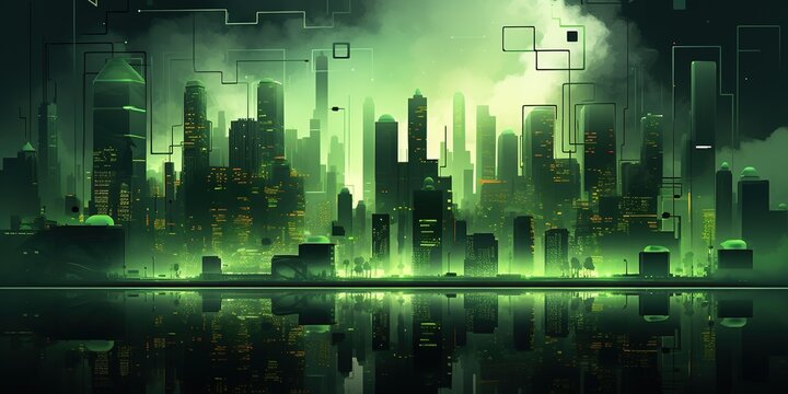 Abstract green city with geometric objects made with
