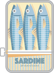 Tinned sardines in a mid century vintage geometric style vector illustration.