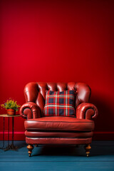 Red room with leather chair and small table.