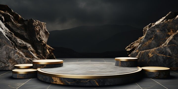 Black AND GOLD geometric Stone and Rock shape background, minimalist mockup for podium display or showcase