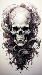 Drawing of skull with vines and flowers around it.