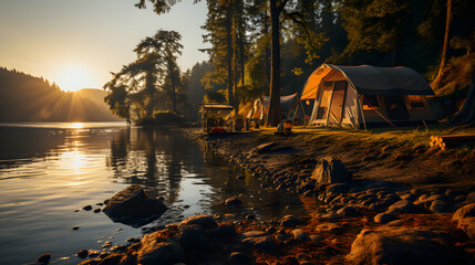An exquisite shot of a riverside campsite as the sun sets, featuring a crackling campfire, a cozy tent, and a tranquil river view. Perfect for capturing the serenity of nature.