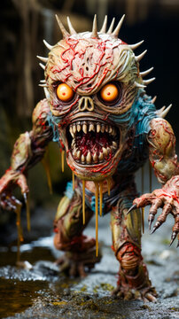 Close up of statue of monster with blood dripping from it's eyes.