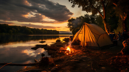 An exquisite shot of a riverside campsite as the sun sets, featuring a crackling campfire, a cozy tent, and a tranquil river view. Perfect for capturing the serenity of nature.