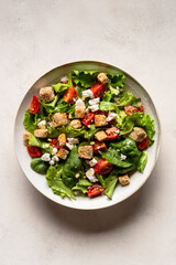 Italian salad. Some ingredients are feta cheese, fresh green salad, pine nuts, walnuts and tomato. Top view.