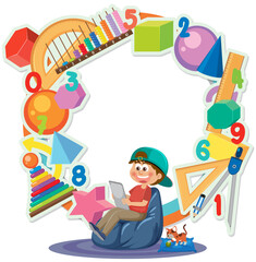 Young boy learning math with tablet on circle banner