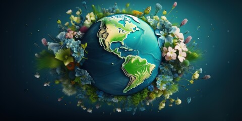 Green planet earth with flowers