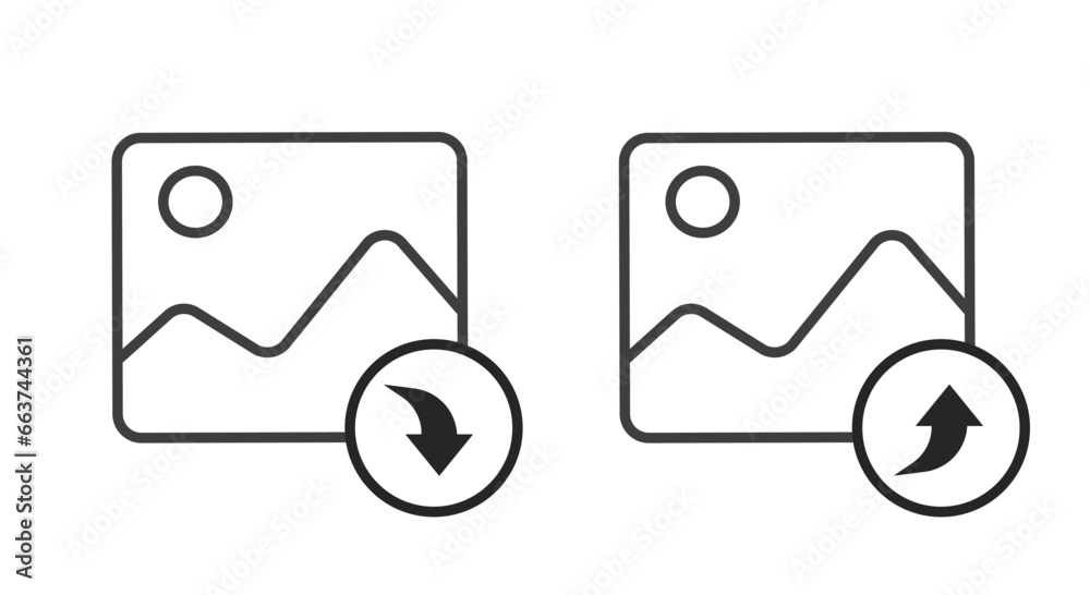 Poster photo image picture file upload icon vector line outline art, share download button graphic thin lin