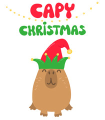 Cute capybara illustration. Cartoon capybara christmas. Christmas card