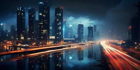 A city street at night with lights on Futuristic building city background City landscape and road in cinematic daylight generative ai illustration art City Landscape and Road in Cinematic Daylight.