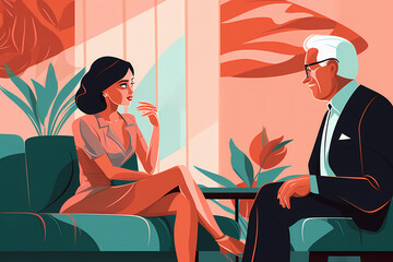 Young woman and older man sitting in a room, engaged in a flirtatious conversation. Pretty girl and a man sitting indoors, with a noticeable age difference between them