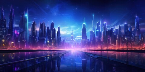 Illustration of the futuristic city in the style of cyberpunk. Empty street with colorful neon lights. Beautiful night cityscape.