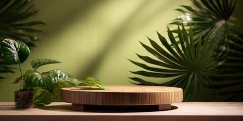 Minimal natural wood podium with green palm leaf with sunlight background. Minimal wooden stand for branding and packaging presentation.