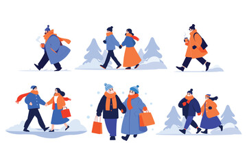 Fototapeta na wymiar Hand Drawn couple wearing winter clothing walks on a path filled with snow in flat style