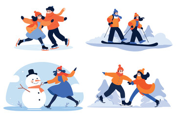 Fototapeta na wymiar Hand Drawn couple character playing ice skating in winter in flat style