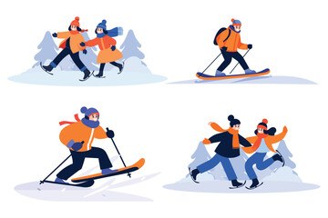 Hand Drawn couple character playing ice skating in winter in flat style