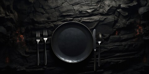 Mockup - empty black plate with cutlery on a dark underground