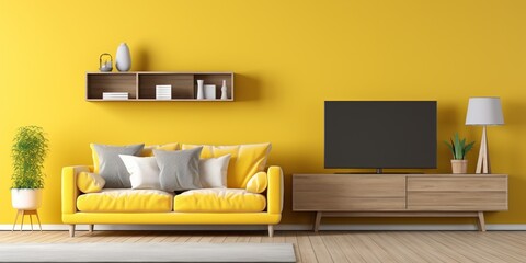Modern living room with TV on yellow wall and wooden plate over cabinet