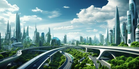 Modern green sustainable highway, city background - obrazy, fototapety, plakaty