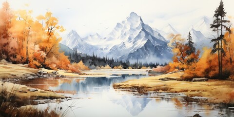Mountains, forests, and a lake in a watercolor scene, Autumn landscape