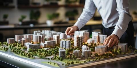 Real estate development. businessman or architect showing new business office complex scale model