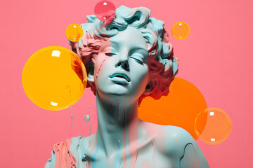 Classical marble statue of a woman with abstract colourful spheres. Creative design background