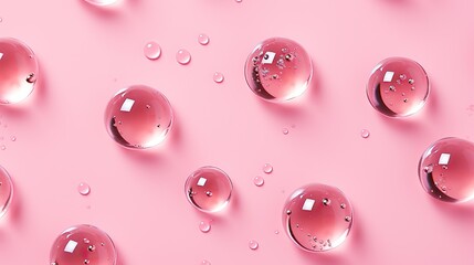 Round drops of transparent serum gel on pink background. - obrazy, fototapety, plakaty