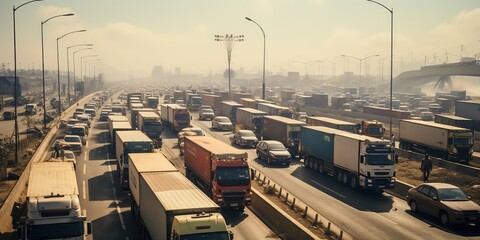 Trucks in a traffic jam at the customs of the border zone. - obrazy, fototapety, plakaty