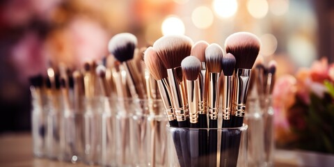 Various professional make - up brushes of a makeup artist in a transparent glass on a light blurred background. - obrazy, fototapety, plakaty