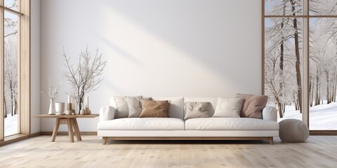 White minimalist living room interior with sofa on a wooden floor, decor on a large wall, white landscape in window. Home Nordic interior - obrazy, fototapety, plakaty