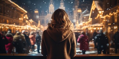 Woman enjoying the view of the christmas fair at night in the city at xmas eve - obrazy, fototapety, plakaty