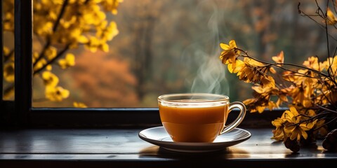 Naklejka na ściany i meble Yellow cup with fragrant coffee by the window on an autumn day