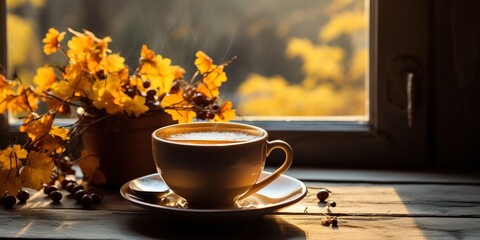 Naklejka na ściany i meble Yellow cup with fragrant coffee by the window on an autumn day