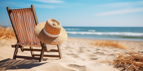A beach chair with a straw hat on top of it. - obrazy, fototapety, plakaty
